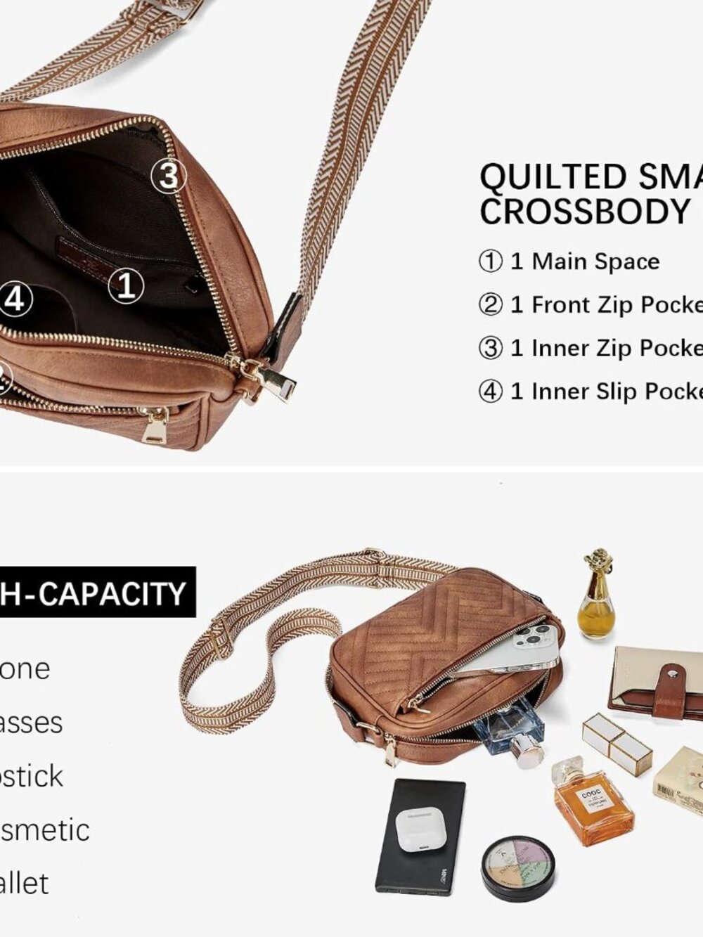 Quilted Crossbody Bags for Women Vegan Leather Purses Shoulder Handbags with Wid - Picture 5 of 8